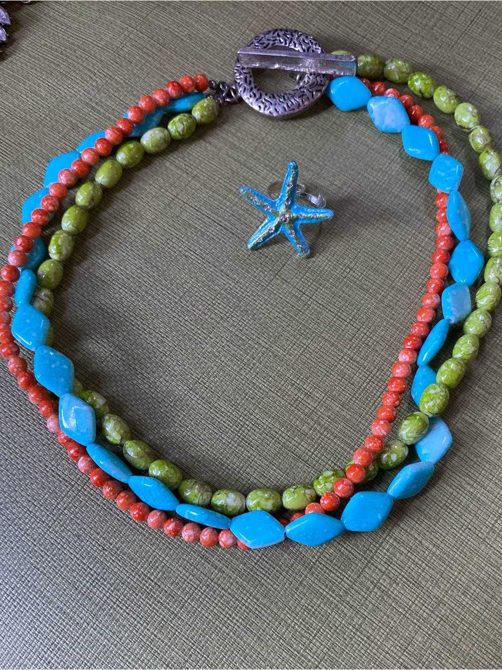 Layered Turquoise, Coral & Olive Beaded Necklace with Matching Starfish Ring